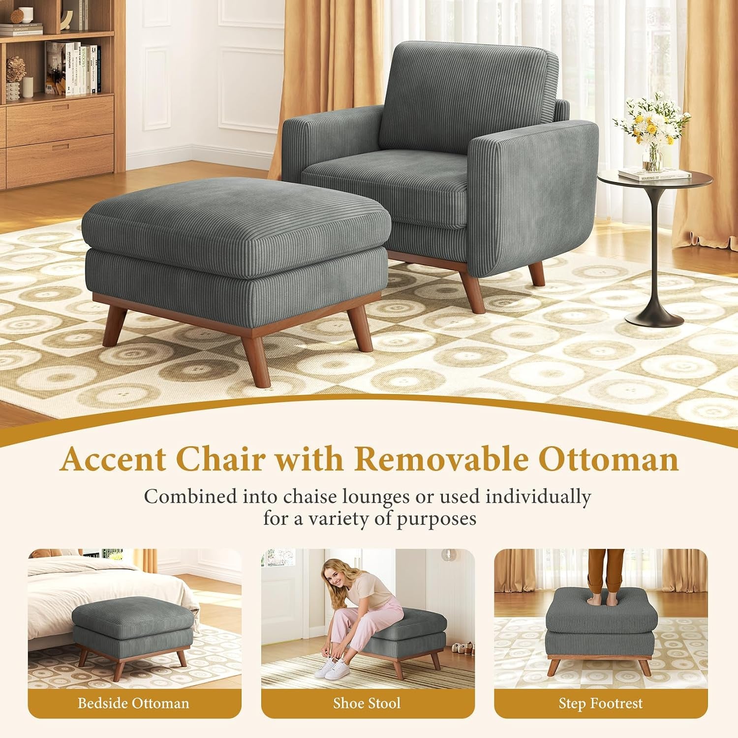 Accent Chair with Movable Ottoman, Comfy Corduroy Armchair with Spring Cushion, Reading Chair with Ottoman, Modern Single Sofa for Living Room, Bedroom and Apartment, Dark Grey