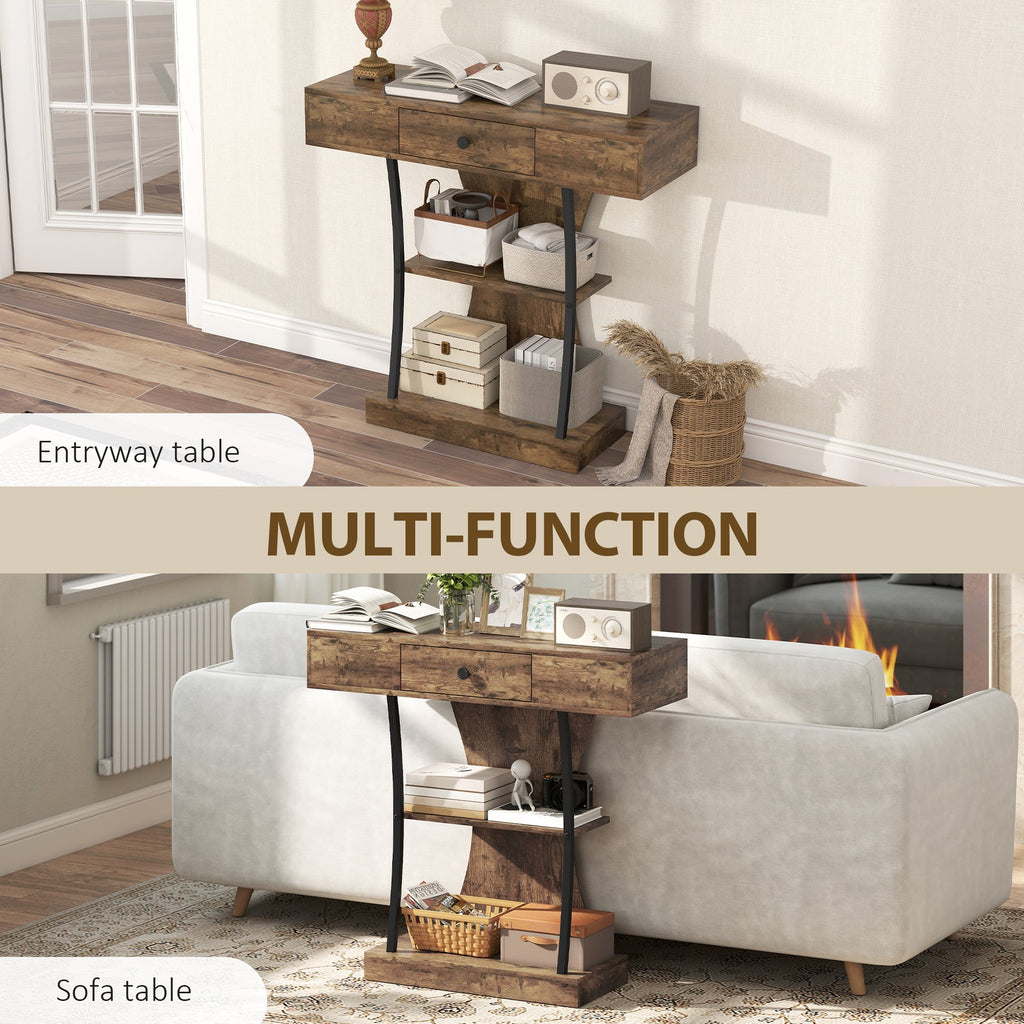 Console Table with Drawer, 3-Tier Industrial Hallway Table, Rustic Brown