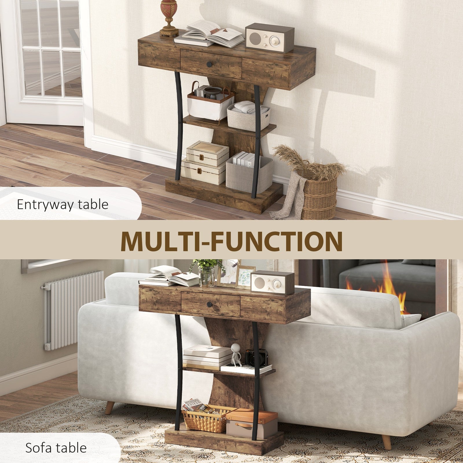 Console Table with Drawer, 3-Tier Industrial Hallway Table, Rustic Brown