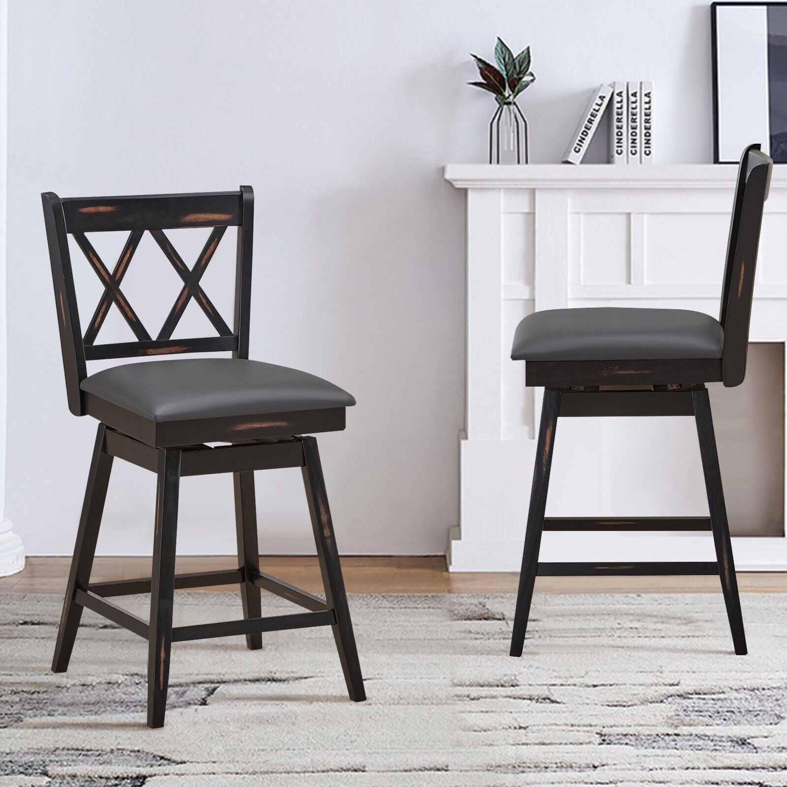Set of 2 Counter Height Bar Stool with Ergonomic Backrest