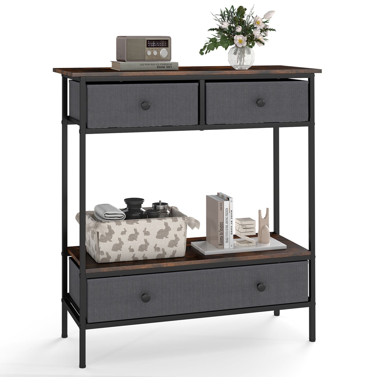 Console Table Industrial Entryway Table with 3 Fabric Drawers