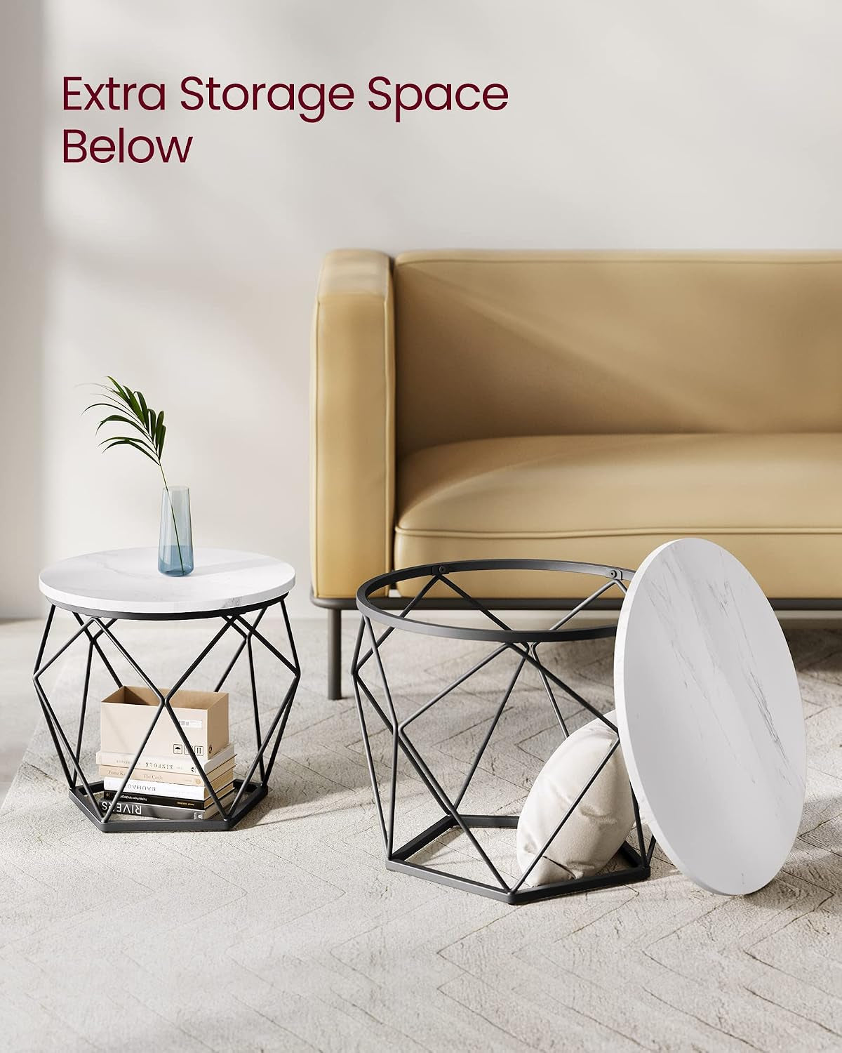 round Coffee Table, Set of 2, Side Table, Sofa End Table, Modern Style, Removable Top, Steel Frame, for Living Room, White and Black LET040B59