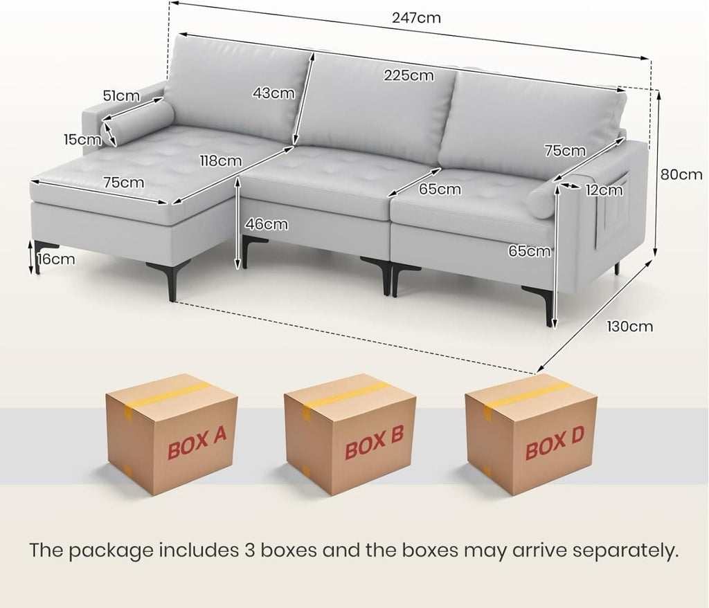 Extra Large L-Shaped Sofa with 4 USB Ports, Solid Metal Legs
