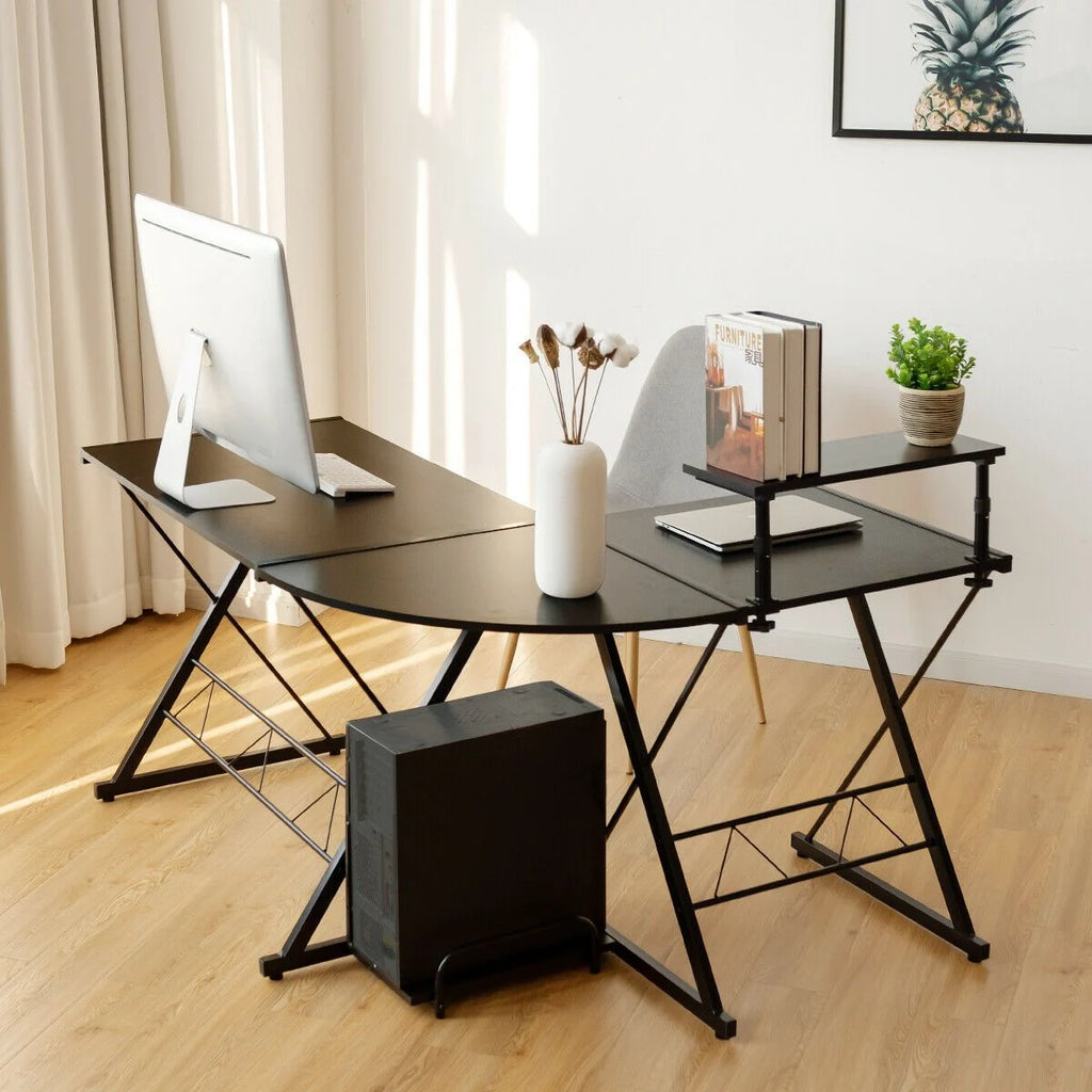 L-Shaped Corner Computer Desk with Monitor Stand and Host Tray