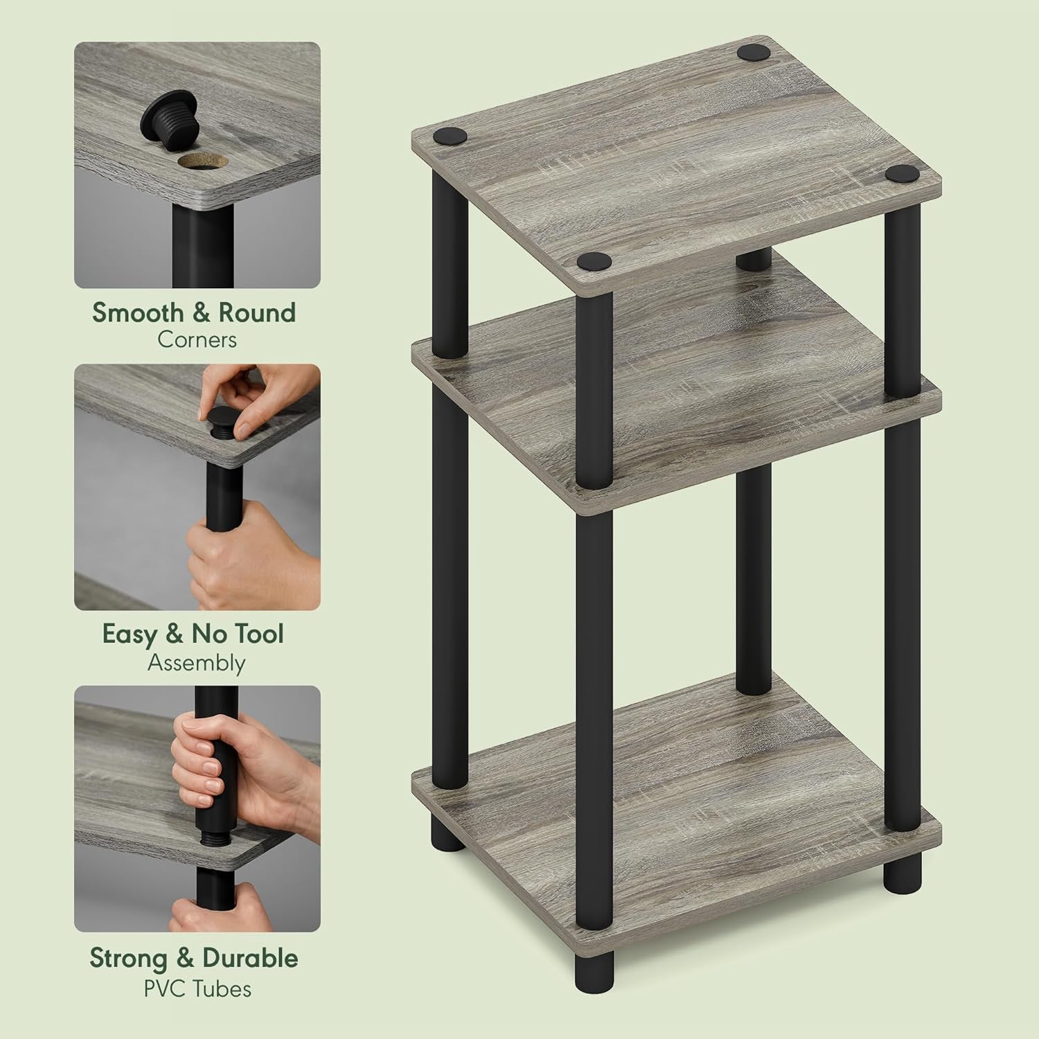 JUST Side Table, 3-Tier End Table, Open Shelves Night Stand, Bedside Table, Toolless Assembly, for Living Room, Bedroom, French Oak