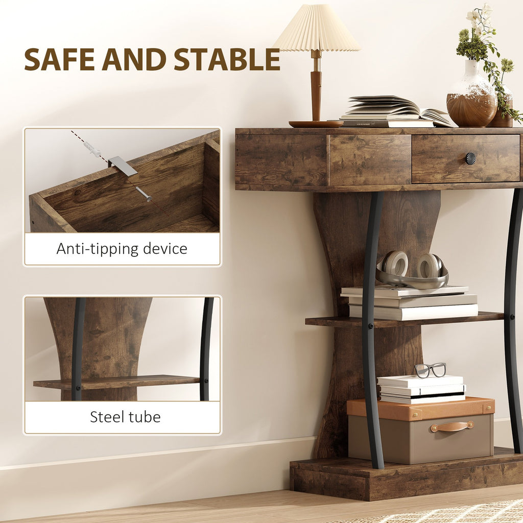 Console Table with Drawer, 3-Tier Industrial Hallway Table, Rustic Brown