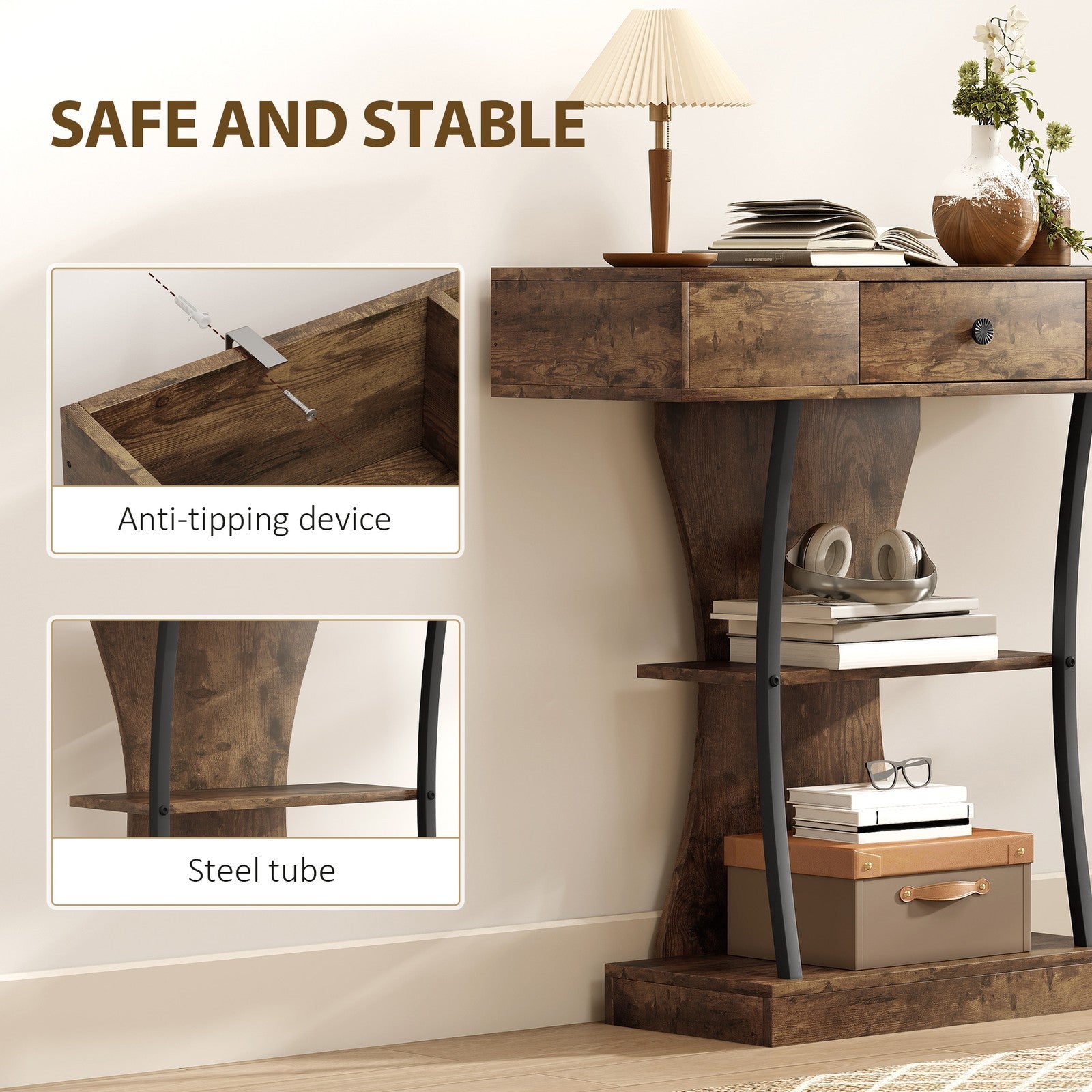Console Table with Drawer, 3-Tier Industrial Hallway Table, Rustic Brown