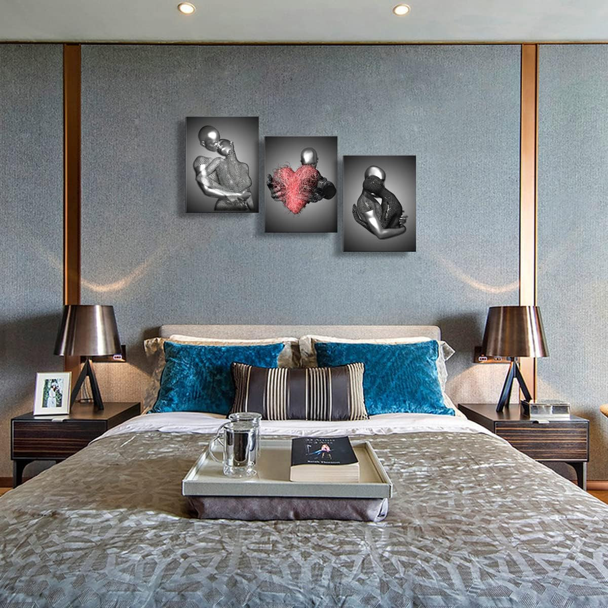 Framed 3 Pcs Love Heart 3D Wall Art Metal Sculpture Romantic Couple Abstract Art Prints Posters Decor Grey Black and White Canvas Printsfor Bedroom Living Room Bathroom Hotel Valentine'S Day Ready To