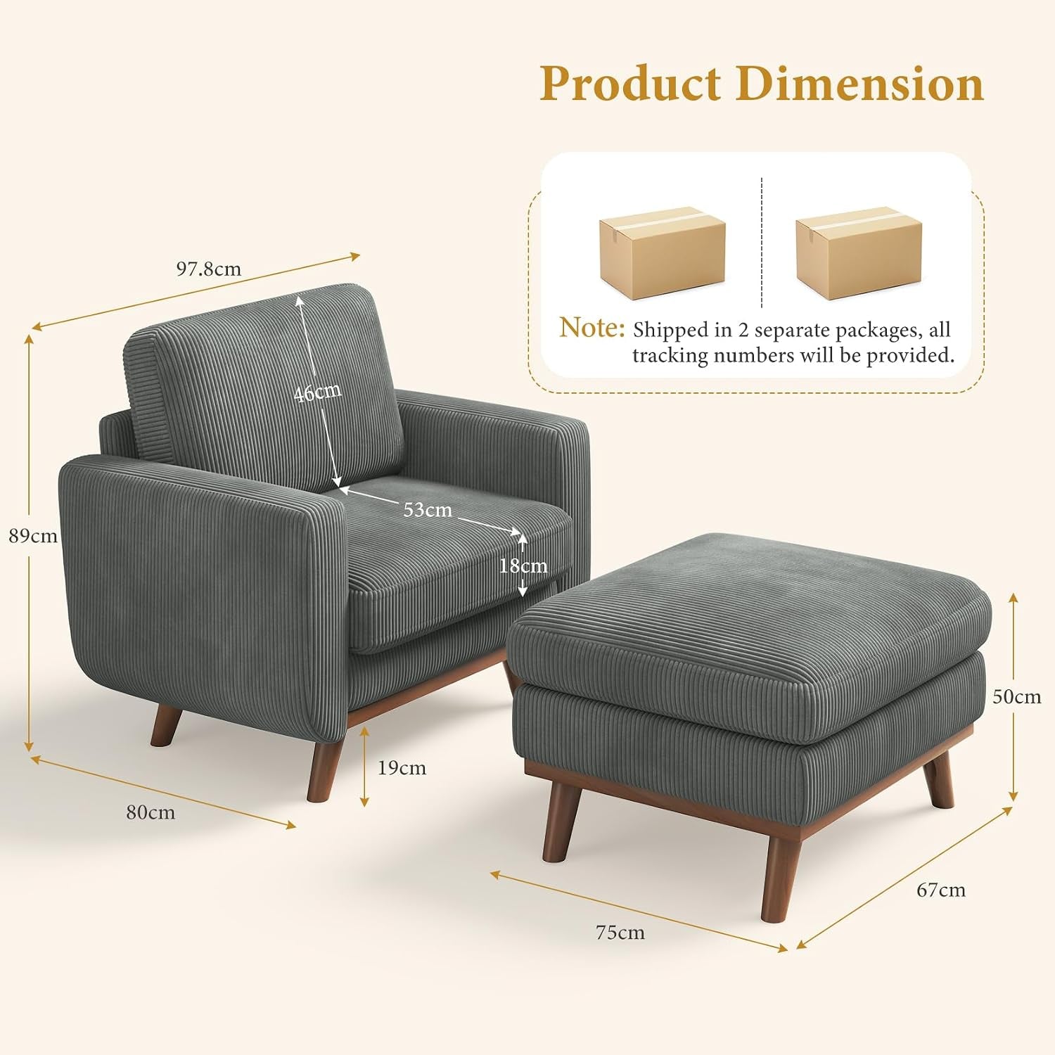 Accent Chair with Movable Ottoman, Comfy Corduroy Armchair with Spring Cushion, Reading Chair with Ottoman, Modern Single Sofa for Living Room, Bedroom and Apartment, Dark Grey