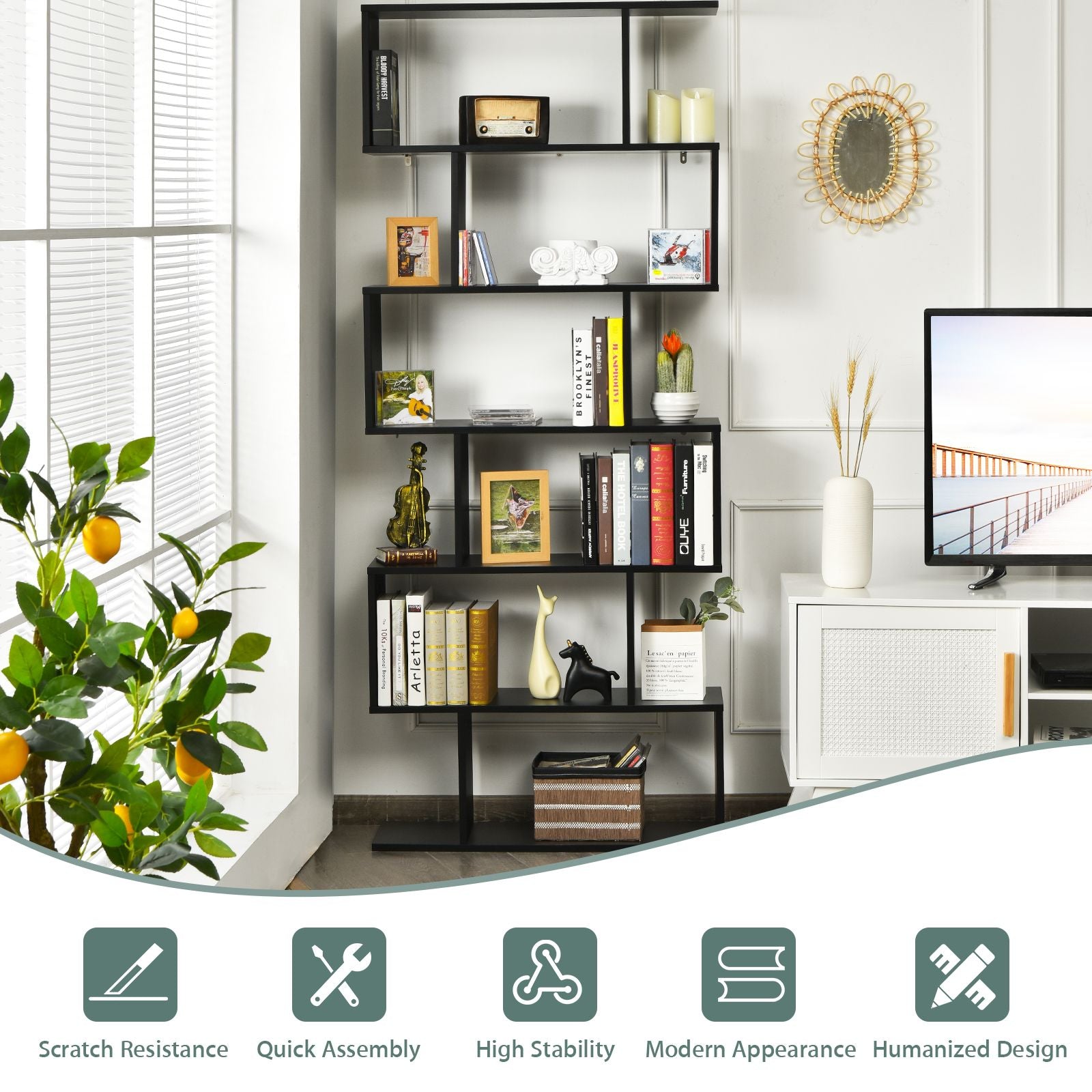6-Tier S-Shaped Wooden Industrial Bookshelf