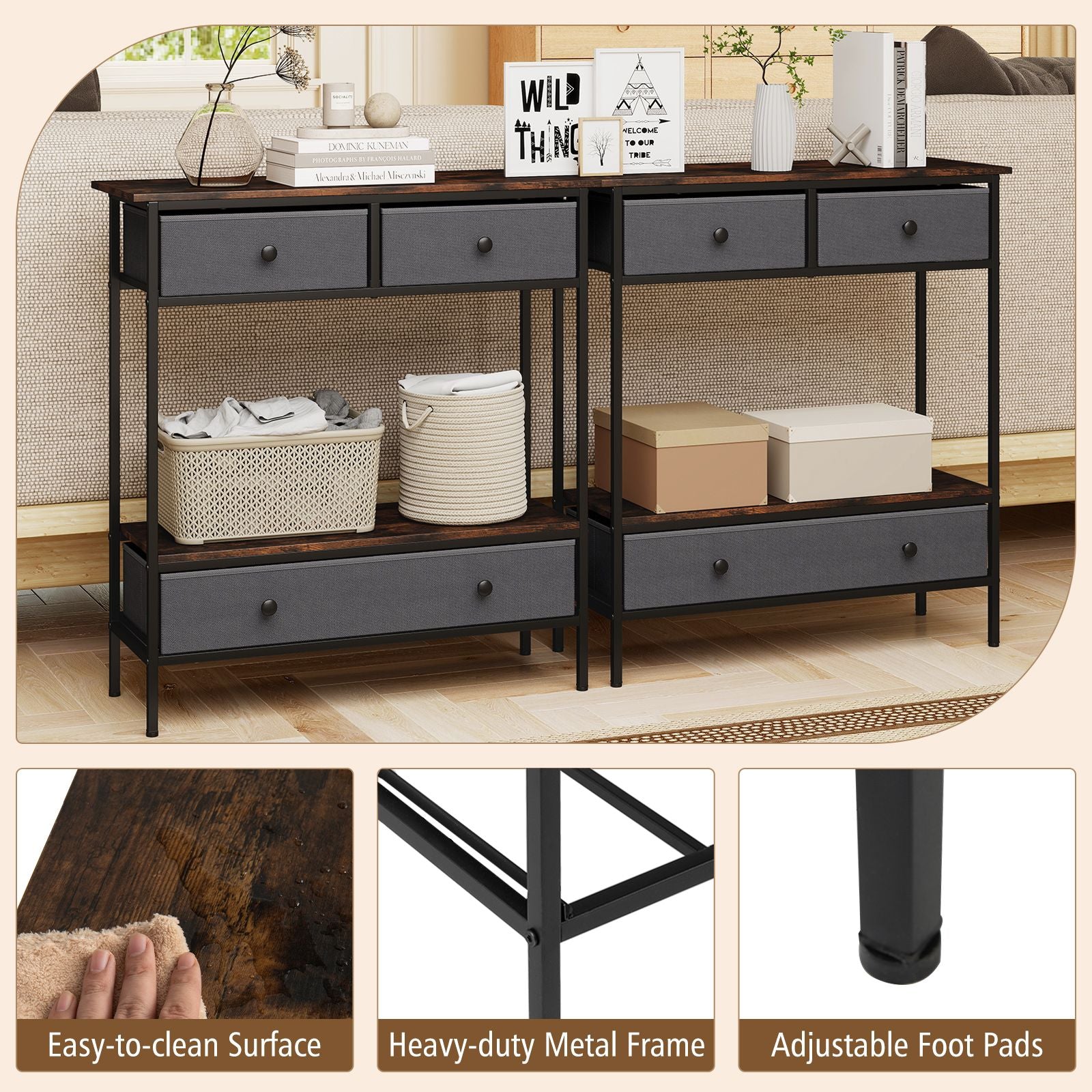Console Table Industrial Entryway Table with 3 Fabric Drawers