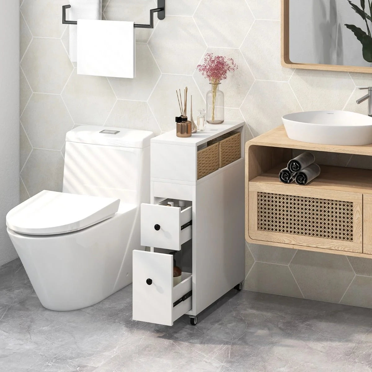 Slim Bathroom Storage Cabinet Movable with 2 Drawers and Baskets