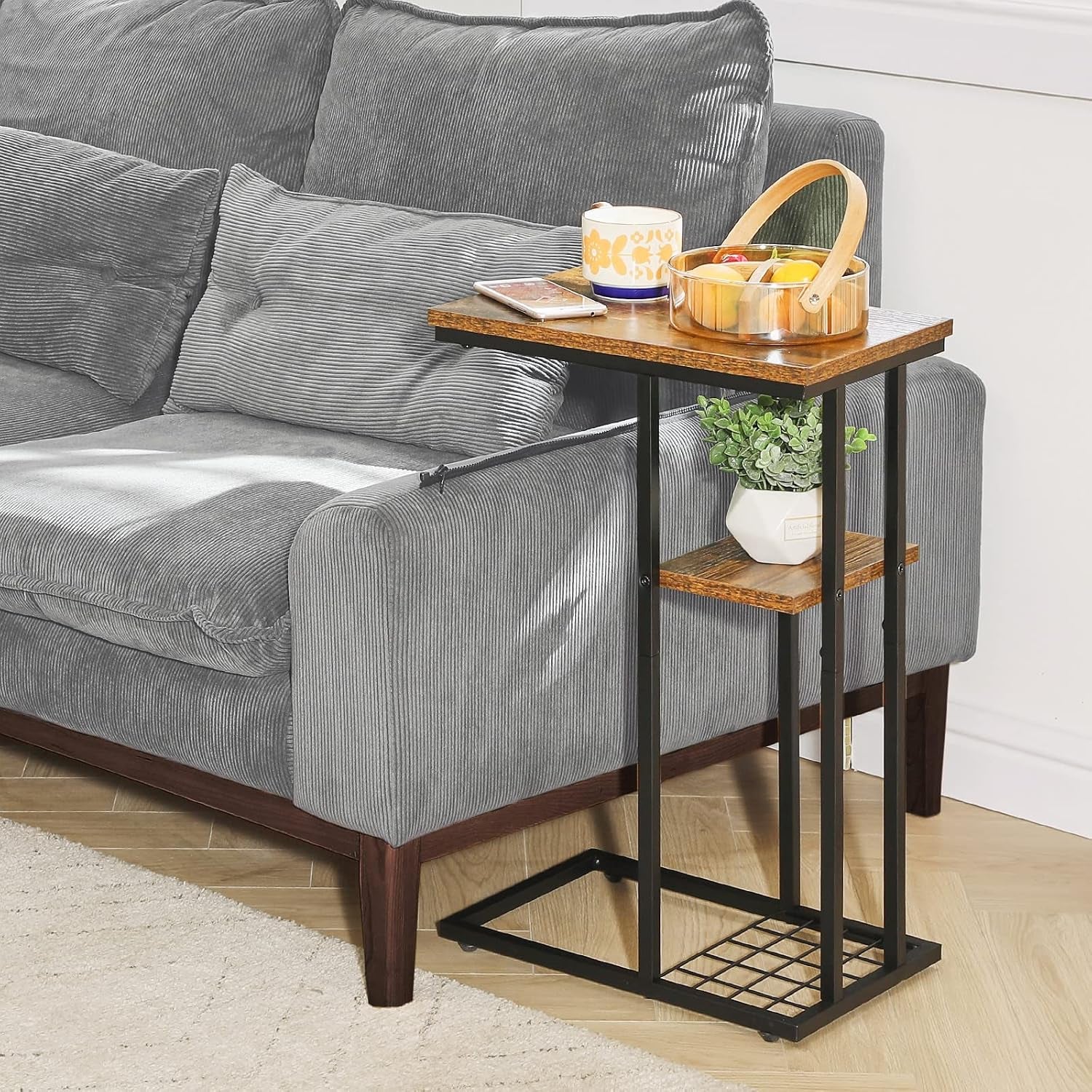 C-Shaped End Table Set of 2, Side Table for Sofa and Bed, Coffee Table for Small Spaces, Living Room, Bedroom, Industrial Small Table with Storage Shelf and Metal Frame, Rustic Brown, HST004H-2