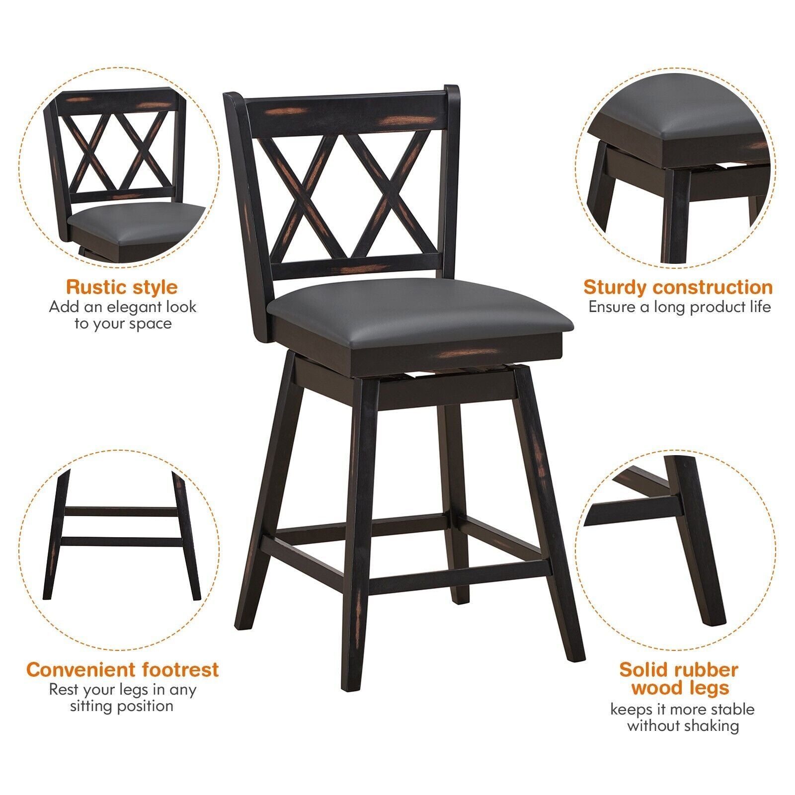 Set of 2 Counter Height Bar Stool with Ergonomic Backrest
