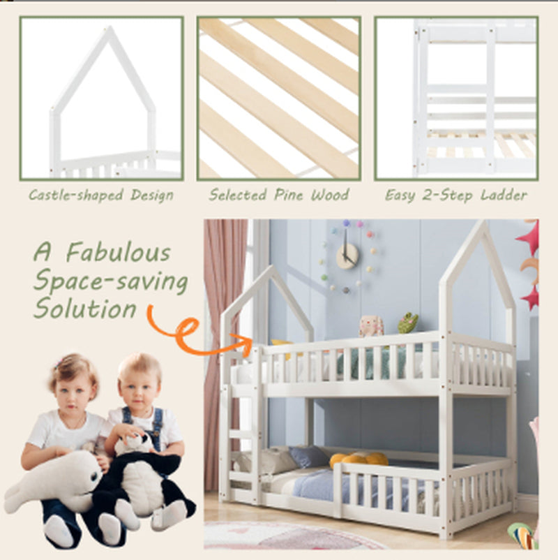 Bunk Bed, Twin Sleeper Bed with Ladder, Solid Wood Frame 3FT Single Bed, Gaming Bed, Castle-Shaped Bed 90 X 190 Cm Children'S Bed Room Furniture, Wooden Bed Frame for Kids Children White