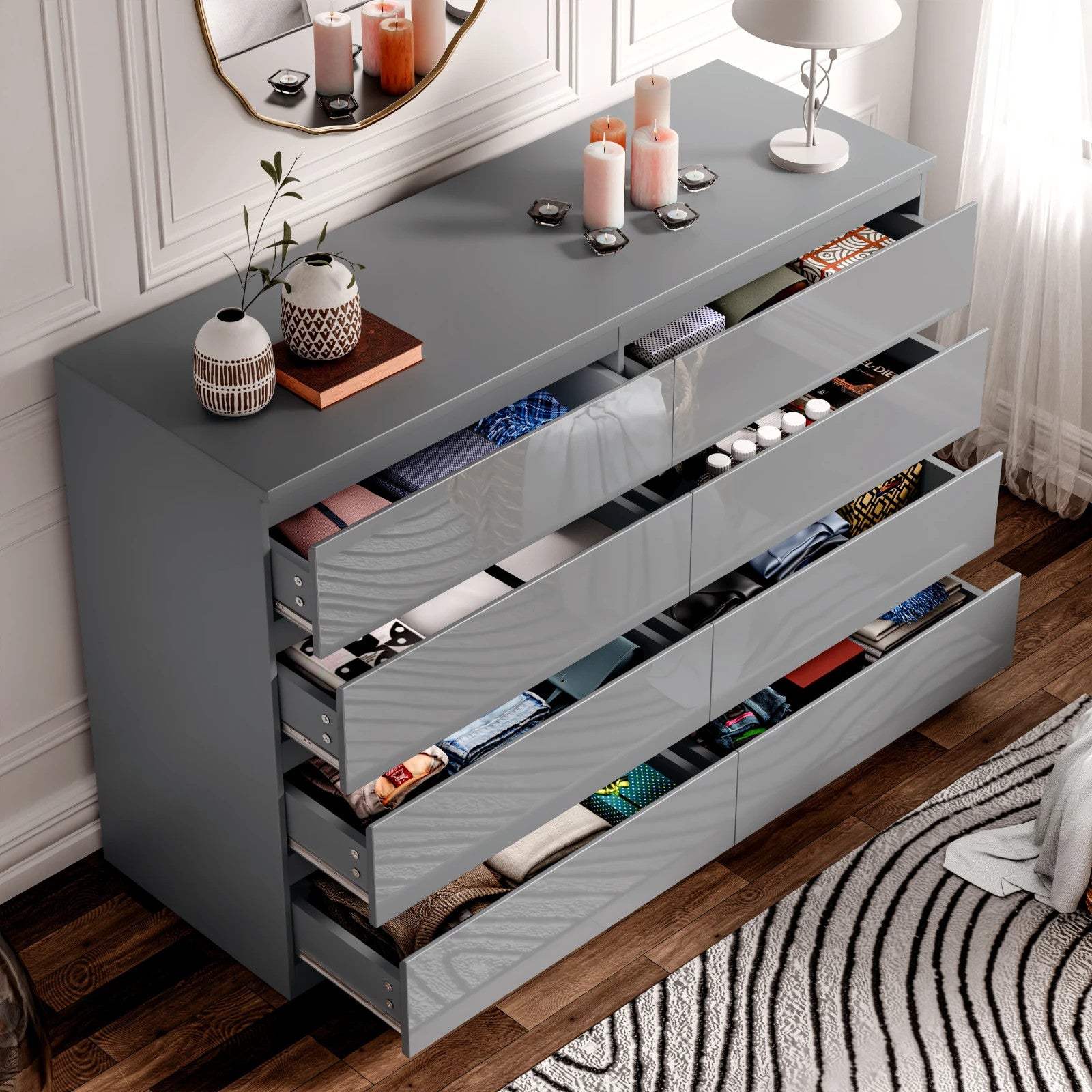 High Gloss Chest of Drawers Bedside Cabinet Tall Wide Storage Bedroom Furniture