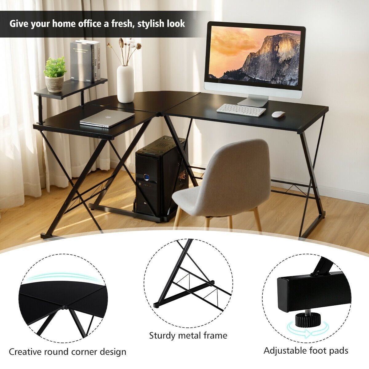 L-Shaped Corner Computer Desk with Monitor Stand and Host Tray
