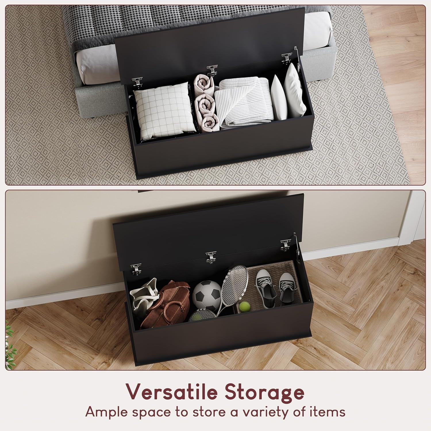 Leon Storage Ottoman, Wood in Black, 100X40X48Cm - Storage Ottoman with Lift-Up Lid, Ideal for Toys, Bedding & Footstool Use