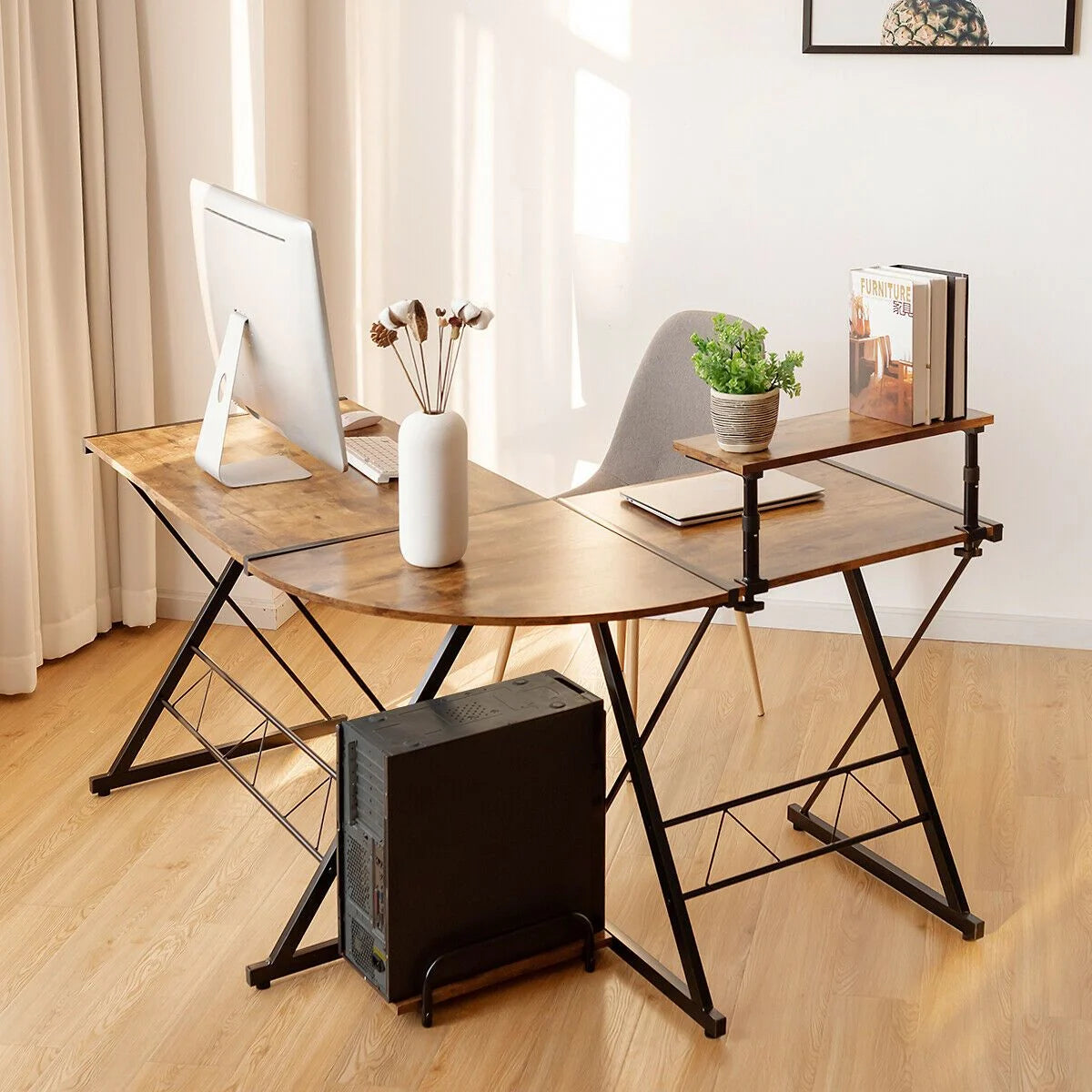 L-Shaped Corner Computer Desk with Monitor Stand and Host Tray