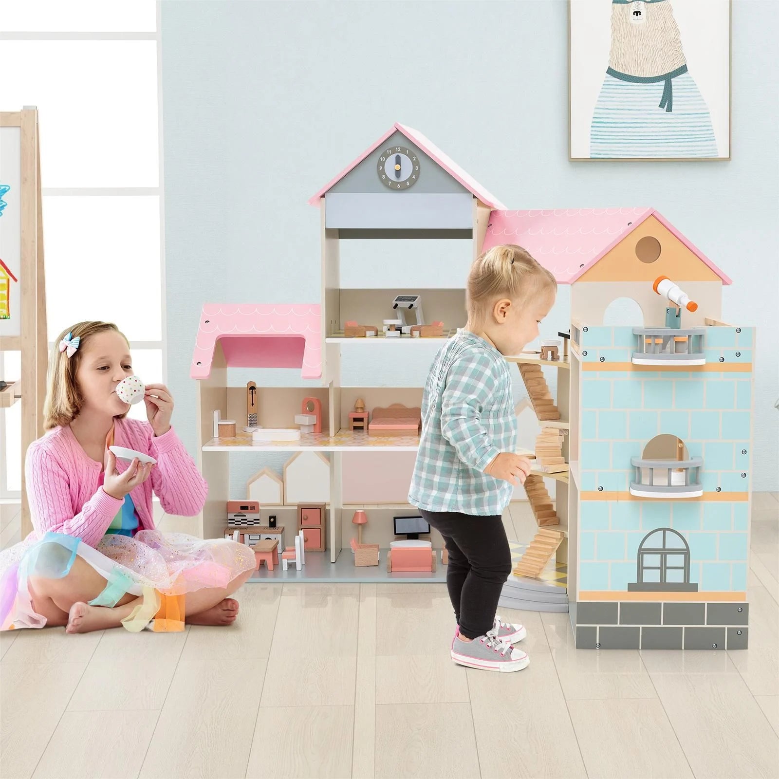 Wooden Corner Dollhouse Playset Pink Roof Doll House
