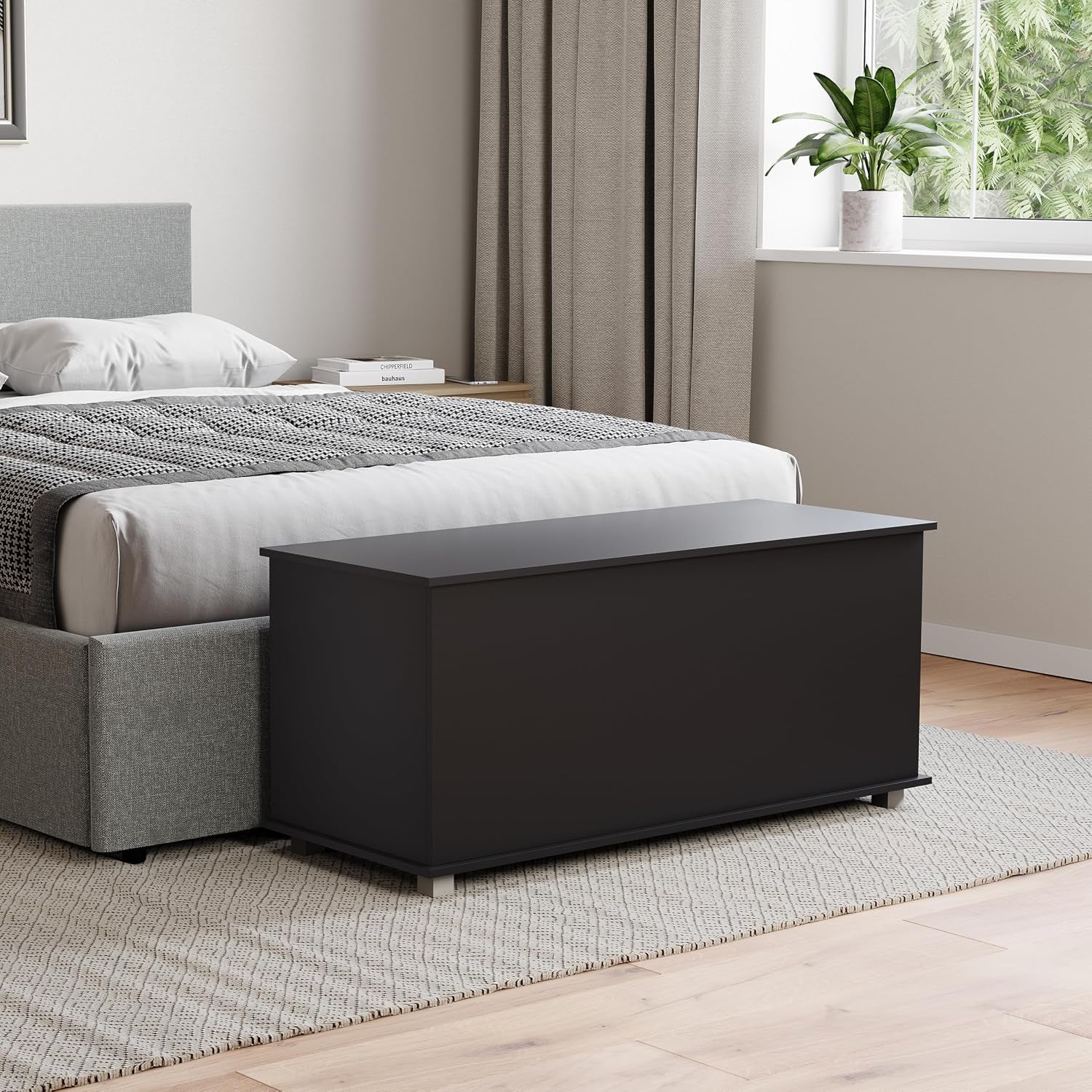 Leon Storage Ottoman, Wood in Black, 100X40X48Cm - Storage Ottoman with Lift-Up Lid, Ideal for Toys, Bedding & Footstool Use