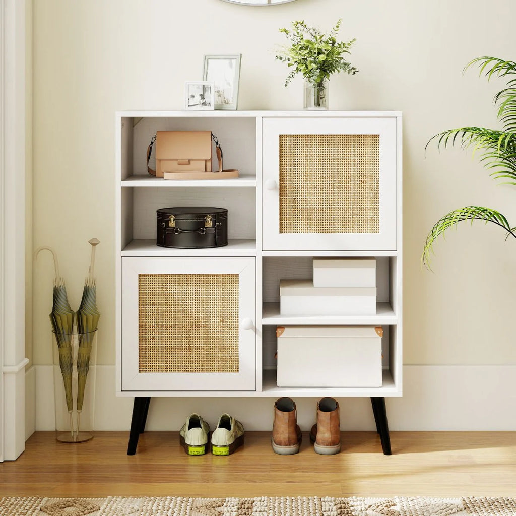 Rattan Sideboard Buffet Cabinet with 4 Cubbies and 2 Rattan-Decorated Doors