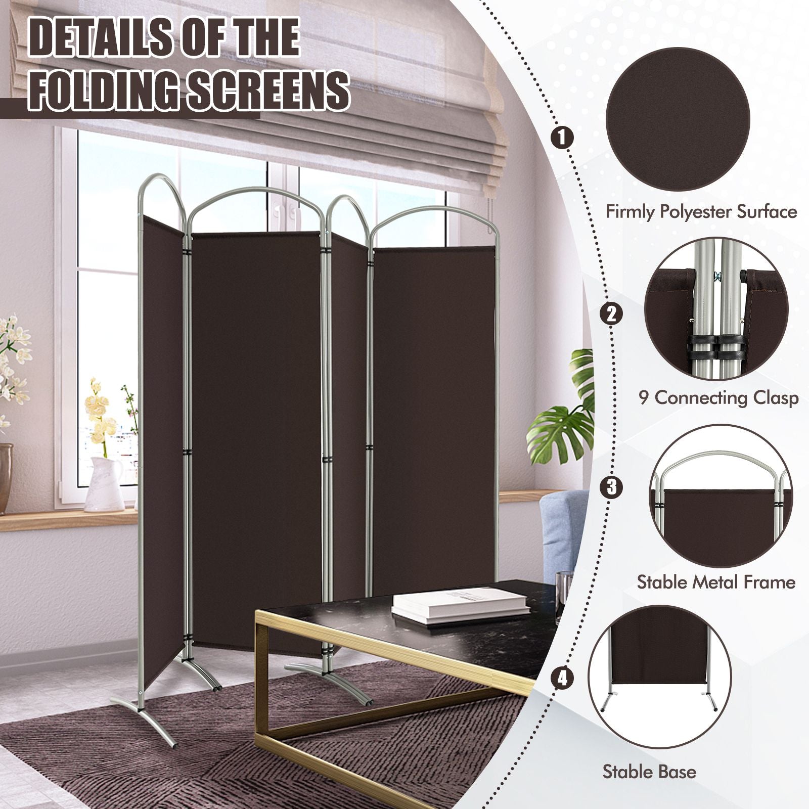 4 Panel Freestanding Folding Room Divider for Living Room Office