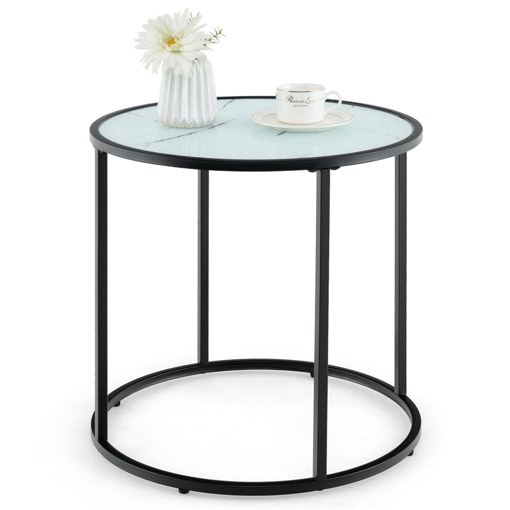 50CM round Side Table with Metal Frame and Faux Marble Glass Top