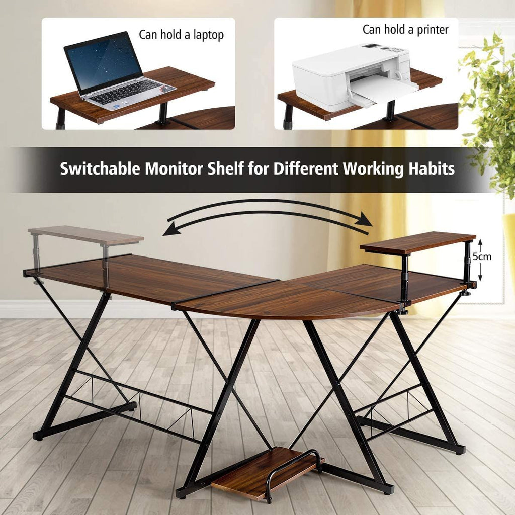L-Shaped Corner Computer Desk with Monitor Stand and Host Tray