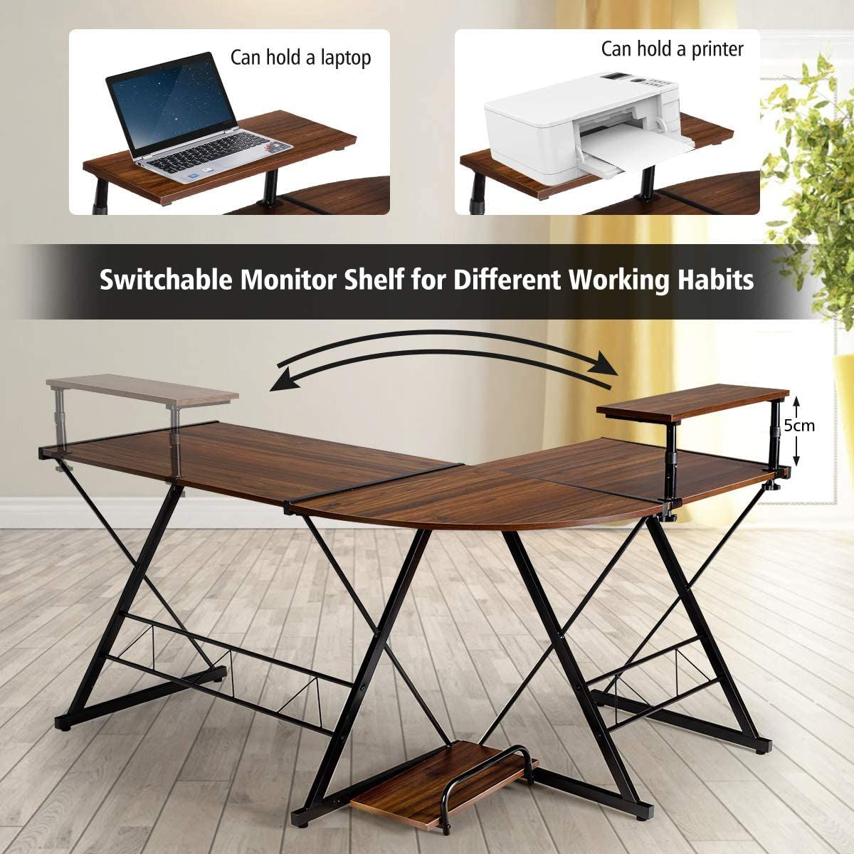 L-Shaped Corner Computer Desk with Monitor Stand and Host Tray
