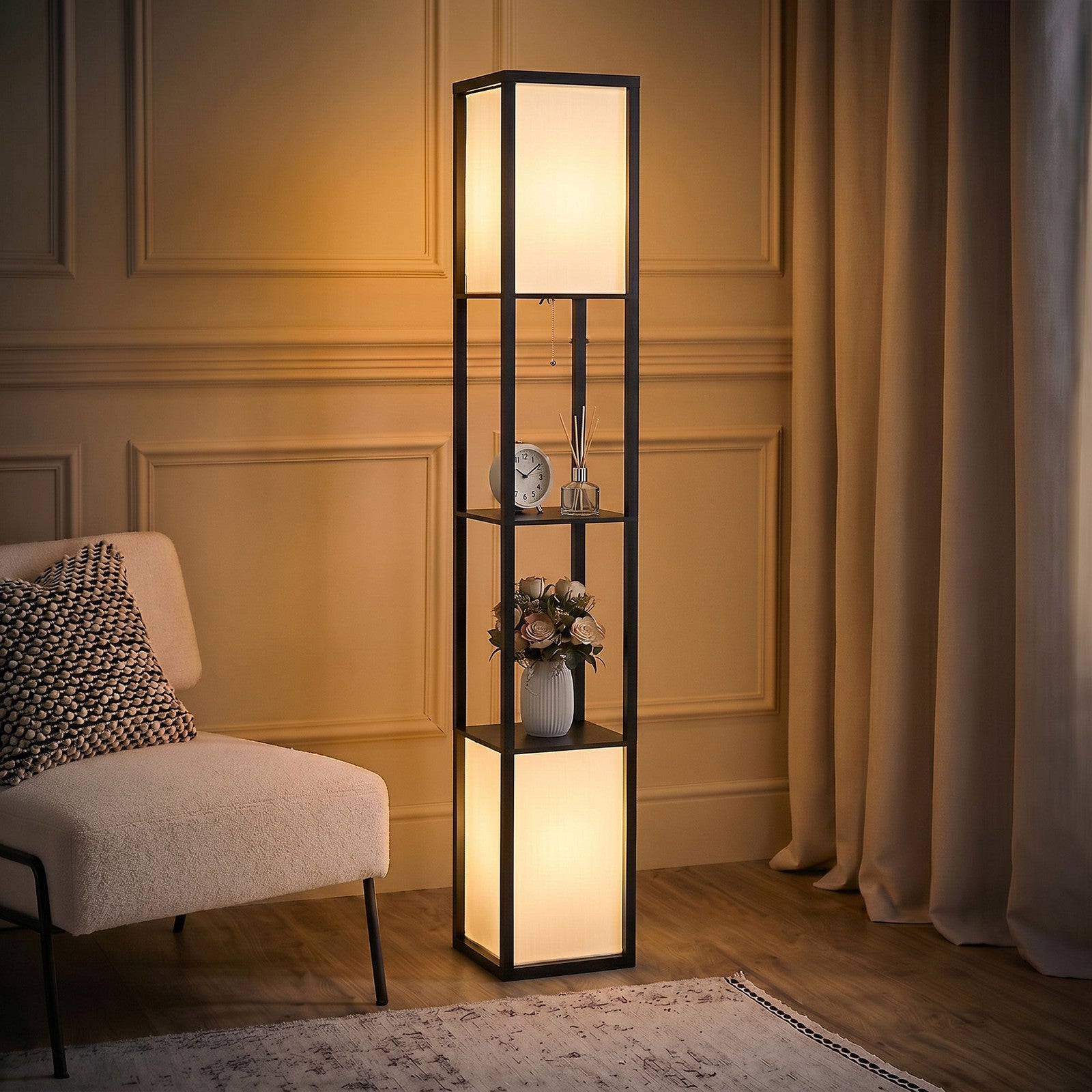 HOMCOM Shelf Floor Lamp with Dual Light, for Living Room, Bedroom, Black