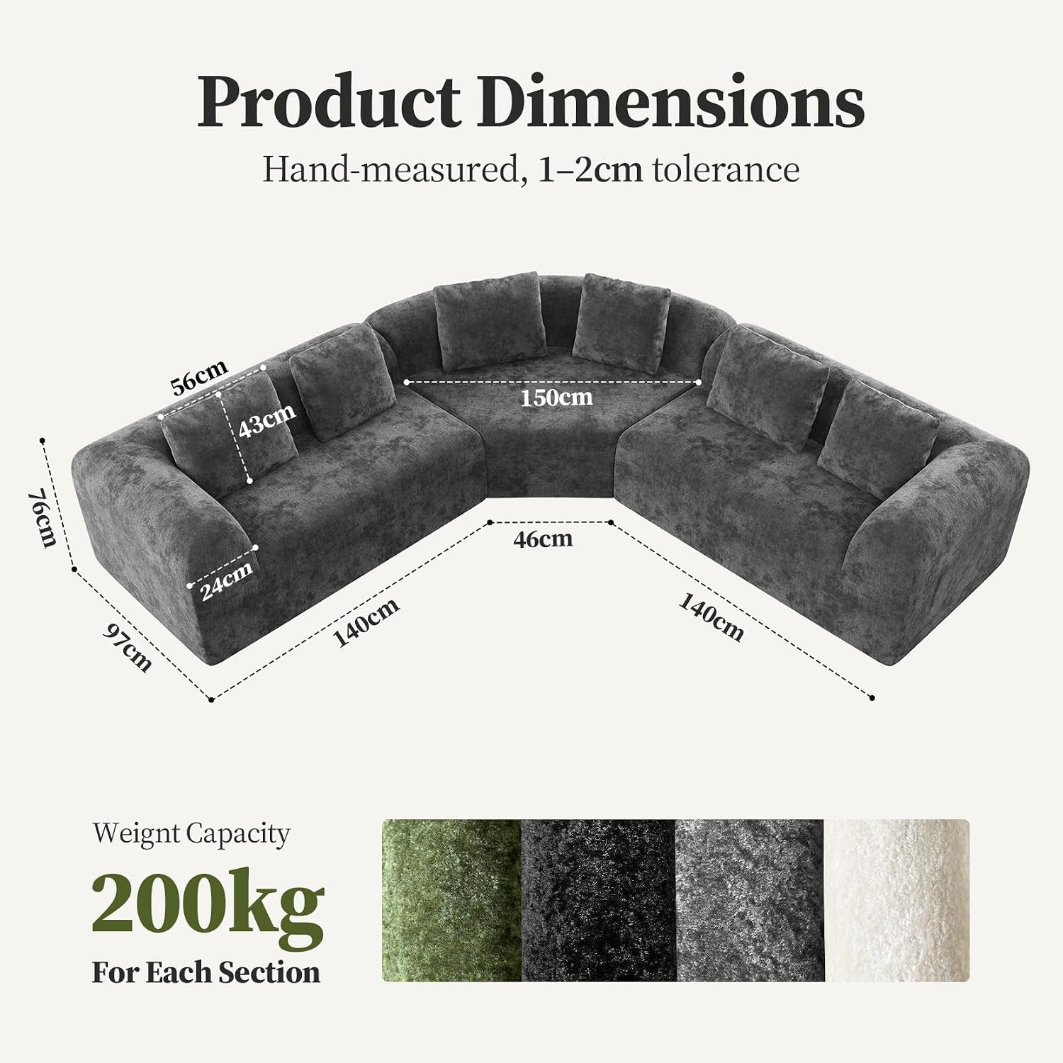275Cm Curved Corner Sofa Grey, Chenille Boneless Cloud Sofa | Ergonomic, 72Cm Deep Seat, Durability, High-Density Foam, Pocket Springs, Supportive Comfort, Assembly-Free, Custom Layouts