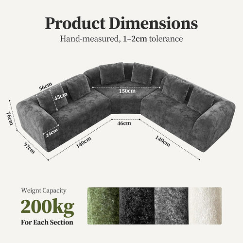275Cm Curved Corner Sofa Grey, Chenille Boneless Cloud Sofa | Ergonomic, 72Cm Deep Seat, Durability, High-Density Foam, Pocket Springs, Supportive Comfort, Assembly-Free, Custom Layouts