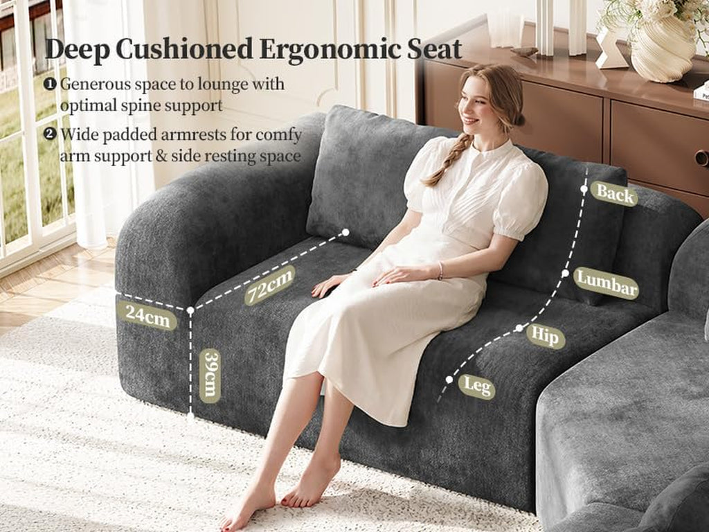275Cm Curved Corner Sofa Grey, Chenille Boneless Cloud Sofa | Ergonomic, 72Cm Deep Seat, Durability, High-Density Foam, Pocket Springs, Supportive Comfort, Assembly-Free, Custom Layouts
