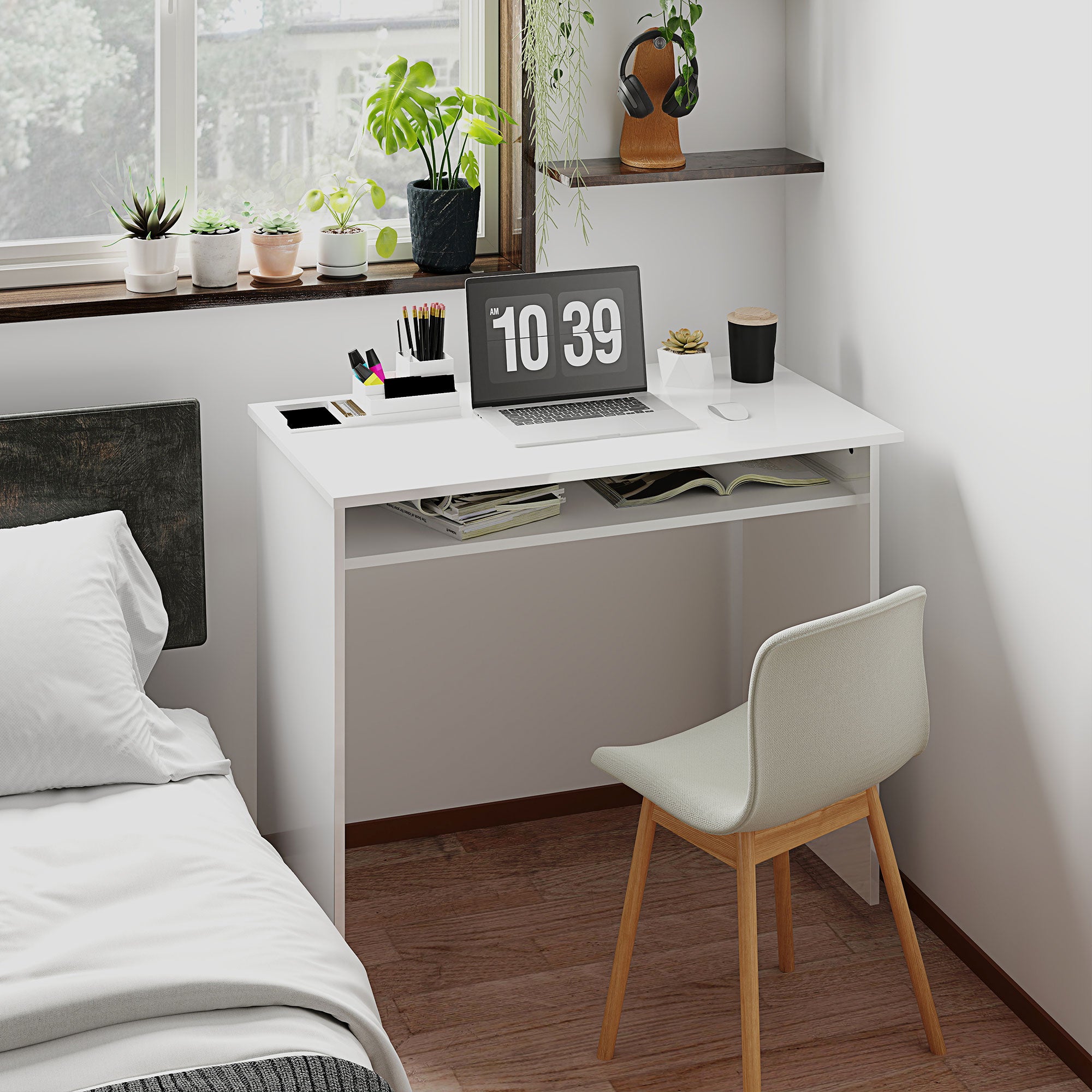 Writing Desk Laptop Table Workstation with Shelf Home Office Black Wood Grain