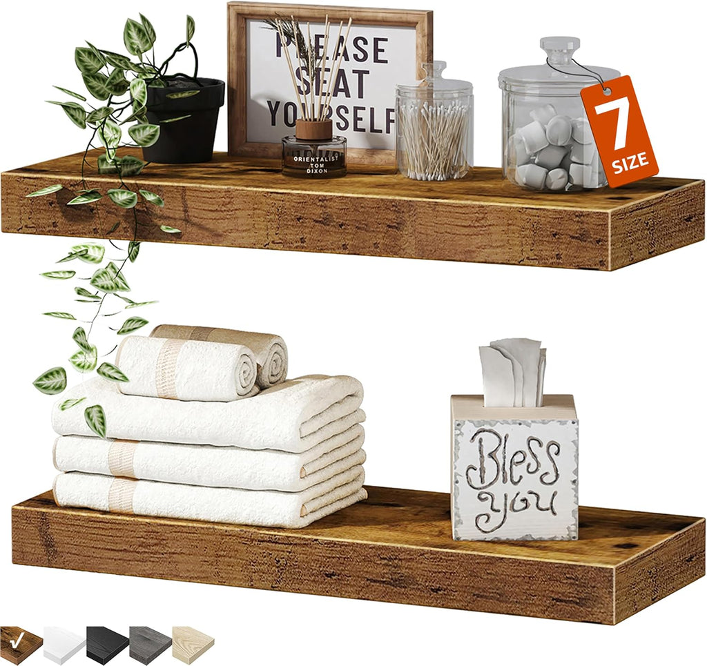 Floating Bathroom Shelves for Toilet, Home Decor, Small Bookshelf 16 Inch Set of 2, Rustic Brown (008-40BN)