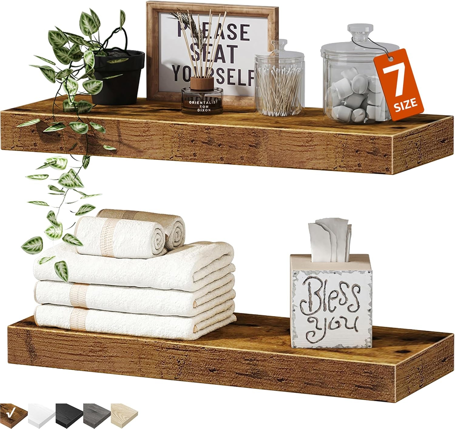 Floating Bathroom Shelves for Toilet, Home Decor, Small Bookshelf 16 Inch Set of 2, Rustic Brown (008-40BN)