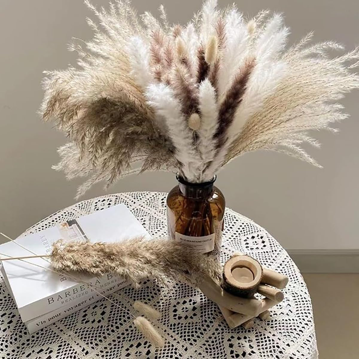 Natural Dried Pampas Grass (UK Company), 65PCS Dried Flowers Fluffy Pampas Grass Bouquet, Artificial Pampas for Wedding Floral Arrangements Boho Home Decor