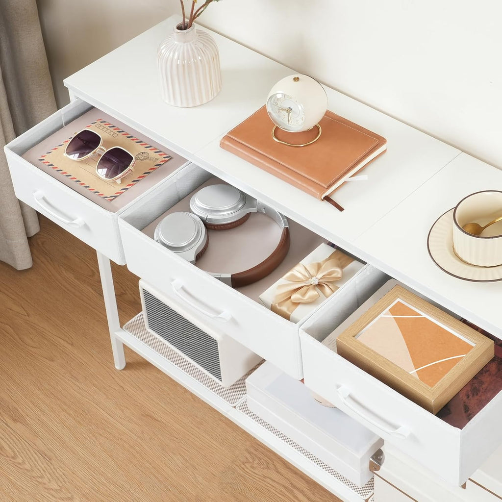 Console Table with 3 Fabric Drawers, Narrow Console Table with Open Shelf, 97 Cm L Slim Entryway Table, Couch Table, for Hallway, Living Room, Bedroom, White ACTWT3301
