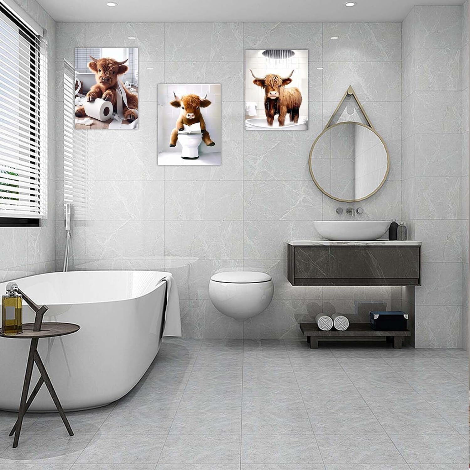 Highland Cow Bathroom Wall Art Set of 3 – Framed Canvas Pictures with Hooks, Funny Animal Artwork for Bathroom Decor, Wall Art for Bedroom or Toilet, 12X16 Inch Each