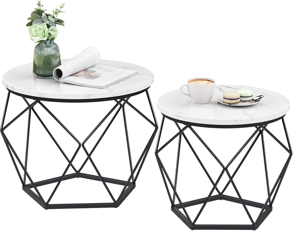 round Coffee Table, Set of 2, Side Table, Sofa End Table, Modern Style, Removable Top, Steel Frame, for Living Room, White and Black LET040B59