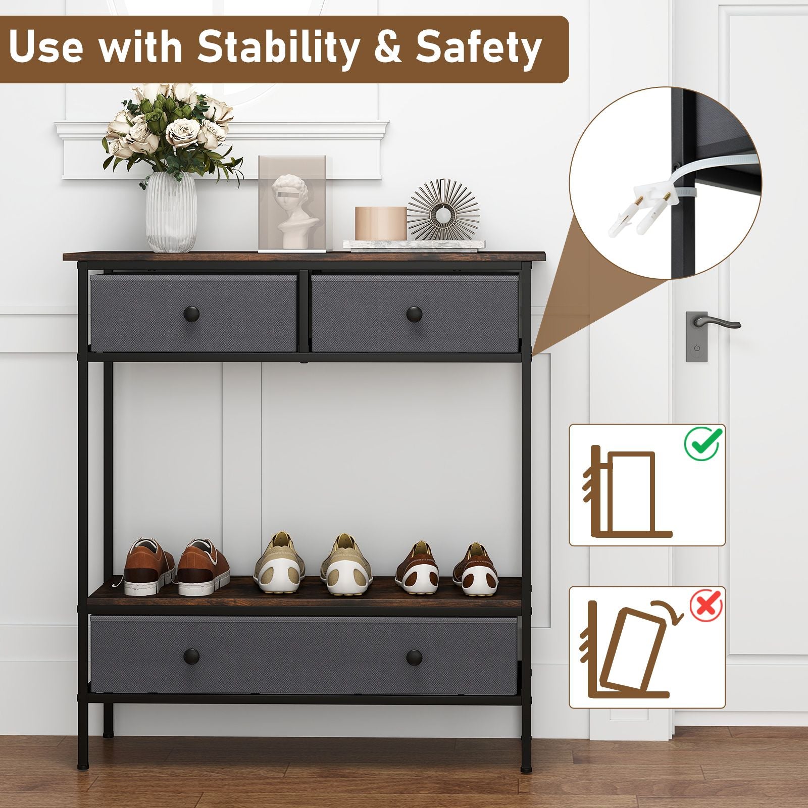 Console Table Industrial Entryway Table with 3 Fabric Drawers
