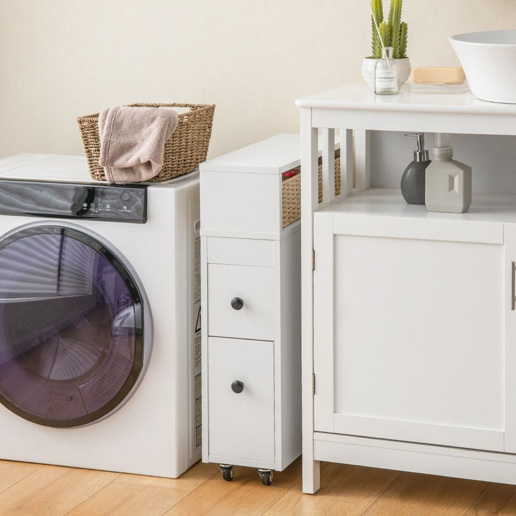 Slim Bathroom Storage Cabinet Movable with 2 Drawers and Baskets