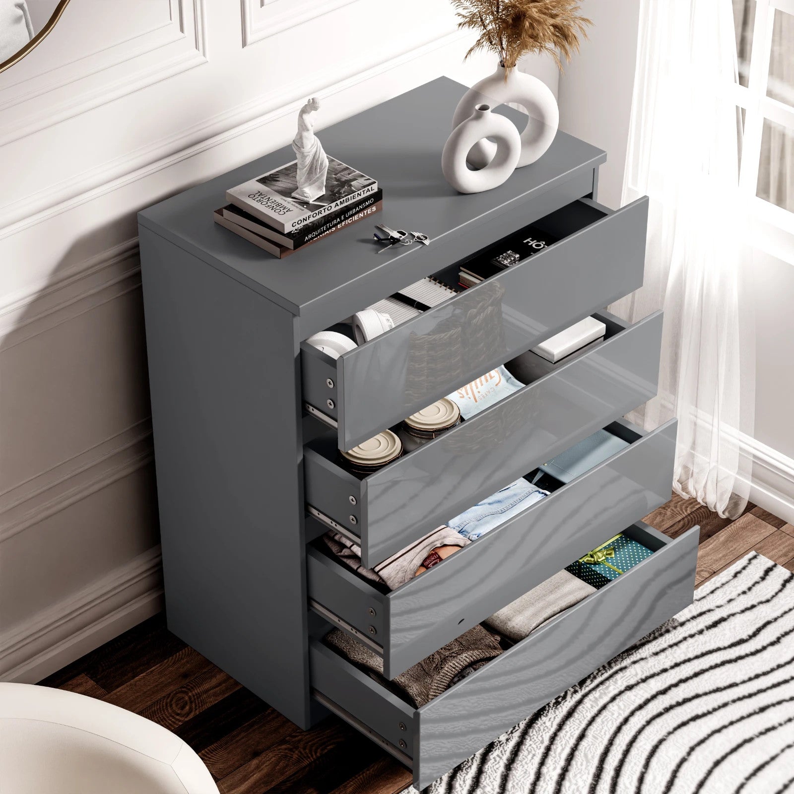 High Gloss Chest of Drawers Bedside Cabinet Tall Wide Storage Bedroom Furniture