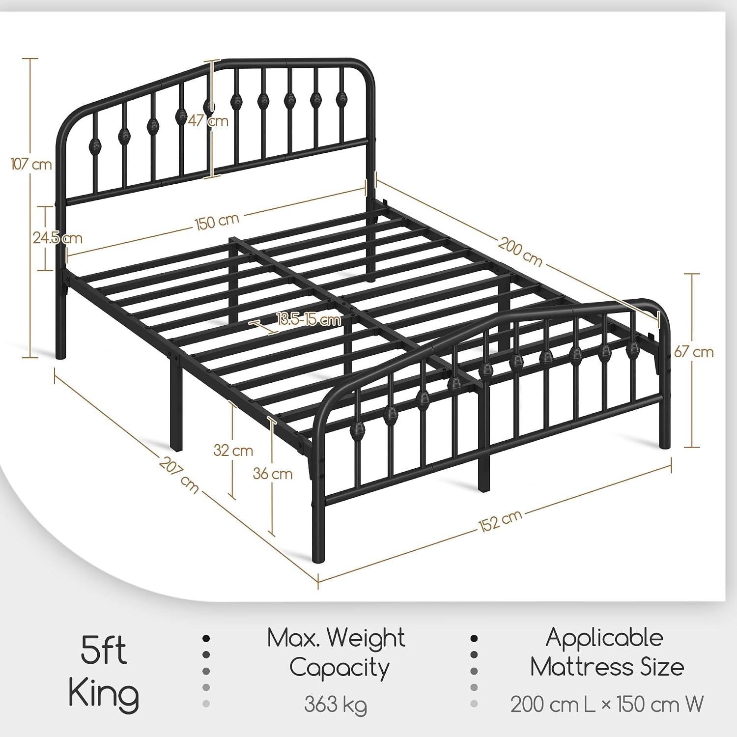 5Ft King Bed Frame Slatted Metal Bed with Crown-Inspired Design Headboard/Spacious Under-Bed Storage Black King Bed