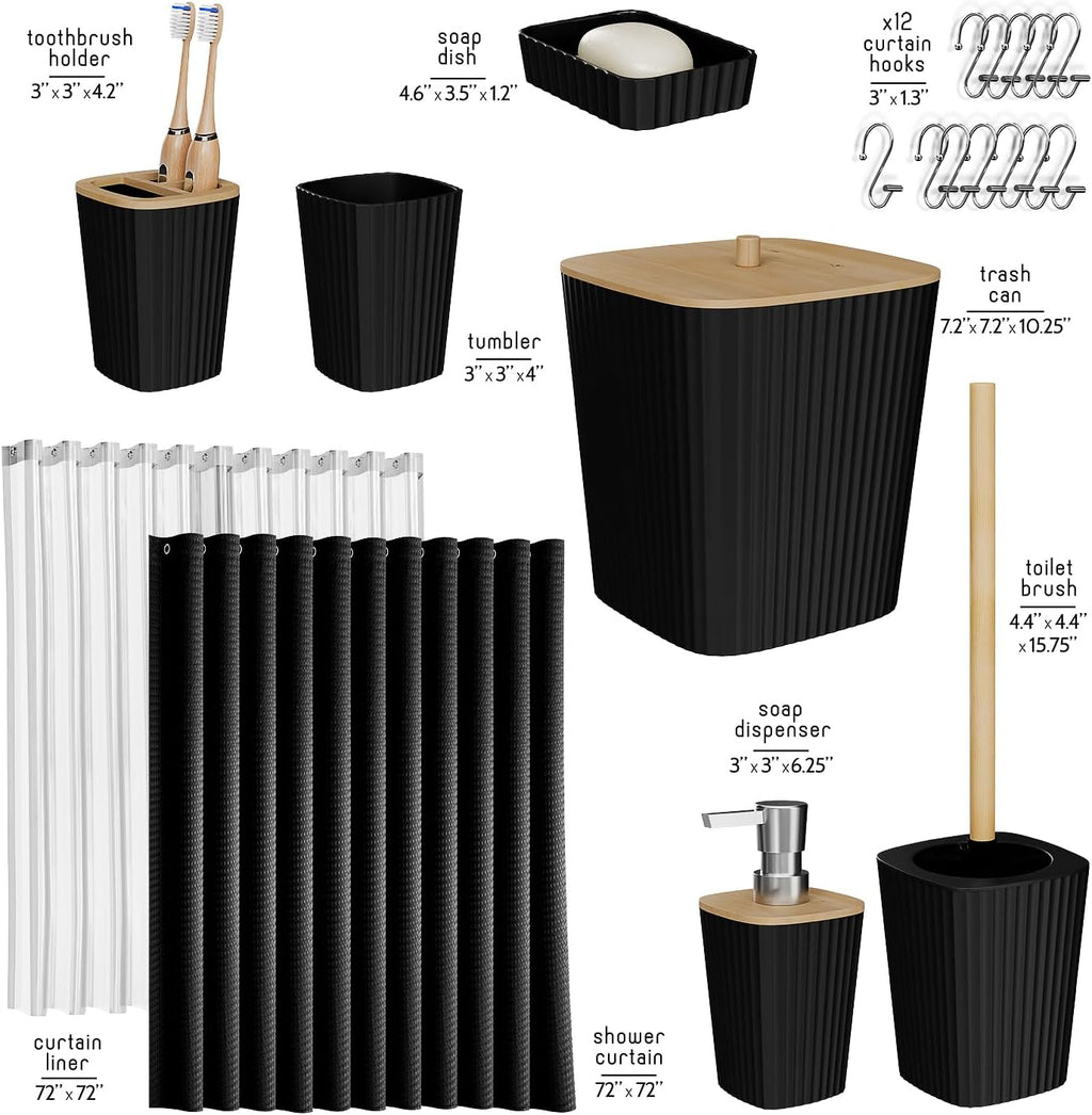Bathroom Accessories Set - Bathroom Accessory Set with Shower Curtain Set, Toilet Brush, Trash Can & Soap Dispenser (Black, Complete Set)