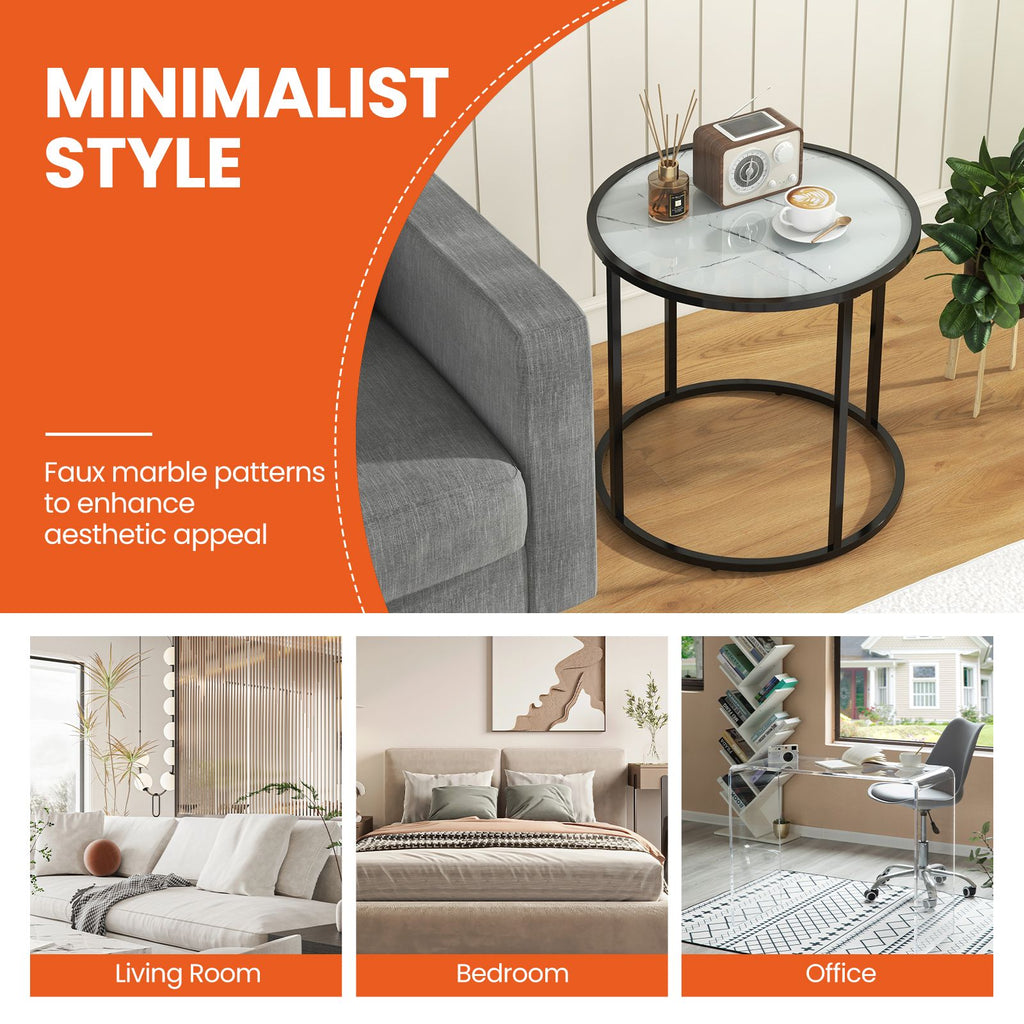 50CM round Side Table with Metal Frame and Faux Marble Glass Top
