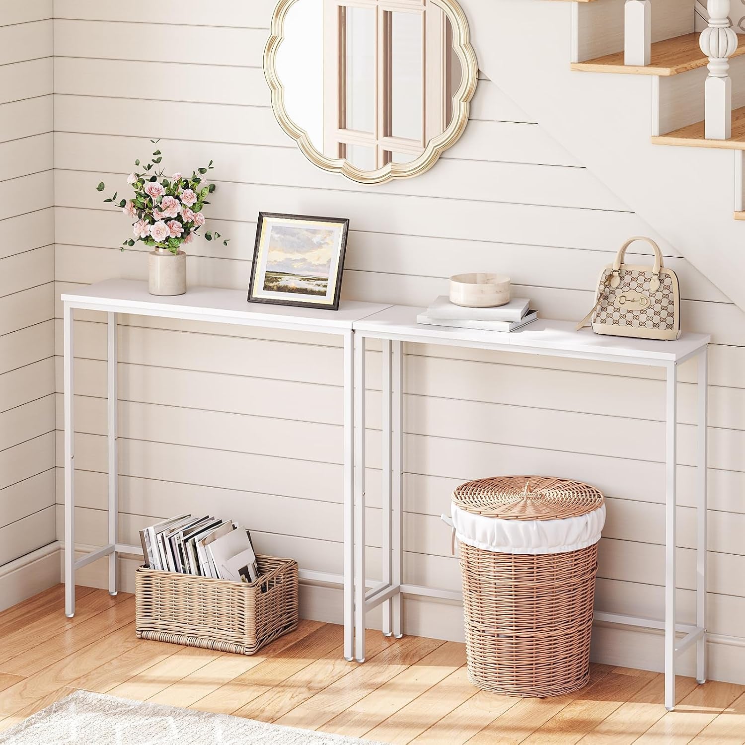 Console Table, Slim Console Table for Hallway, Metal Frame, Compact Display Table, Sofa Table for Small Spaces, Entryway, Living Room, Sturdy, Metal Frame, White EWW75XG01