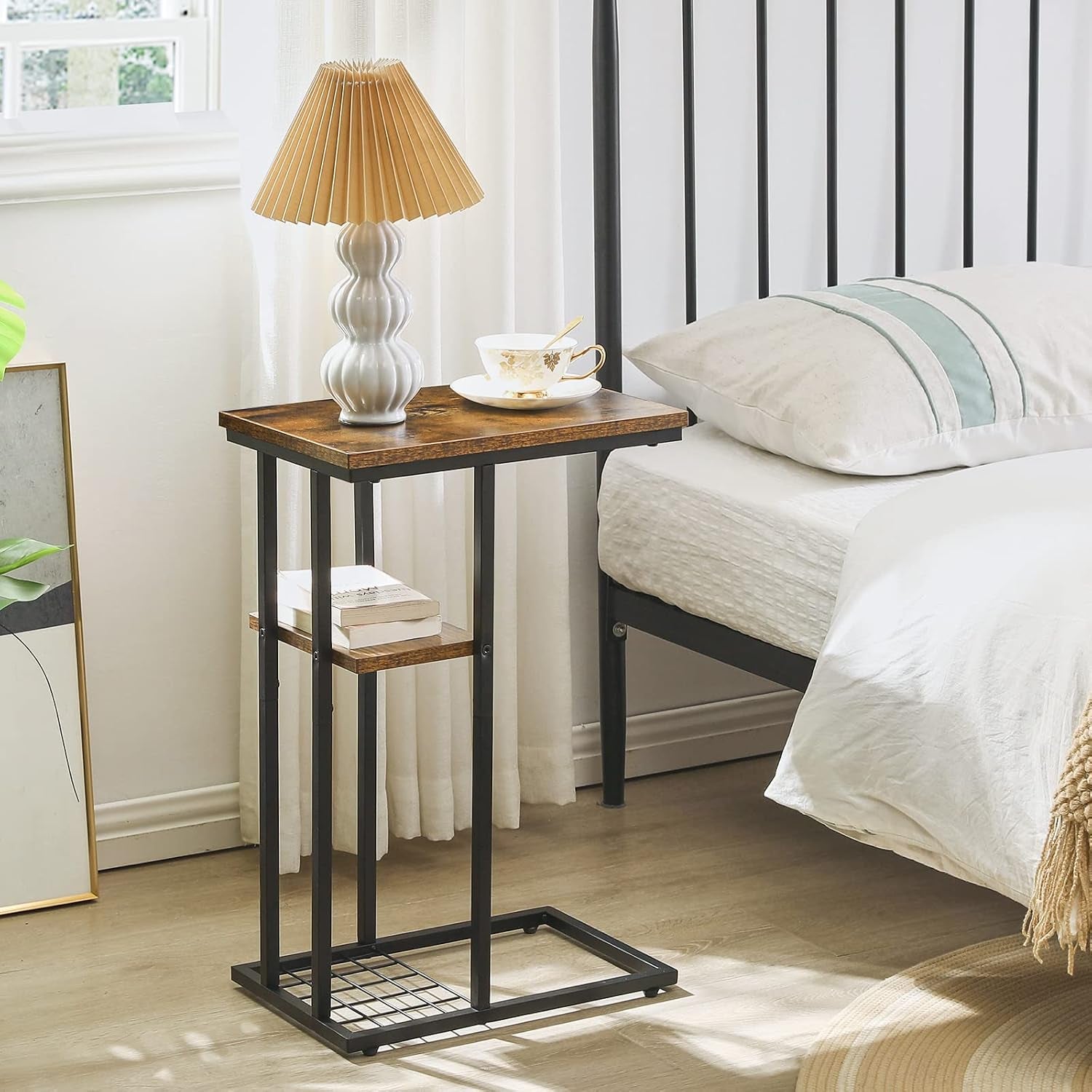 C-Shaped End Table Set of 2, Side Table for Sofa and Bed, Coffee Table for Small Spaces, Living Room, Bedroom, Industrial Small Table with Storage Shelf and Metal Frame, Rustic Brown, HST004H-2