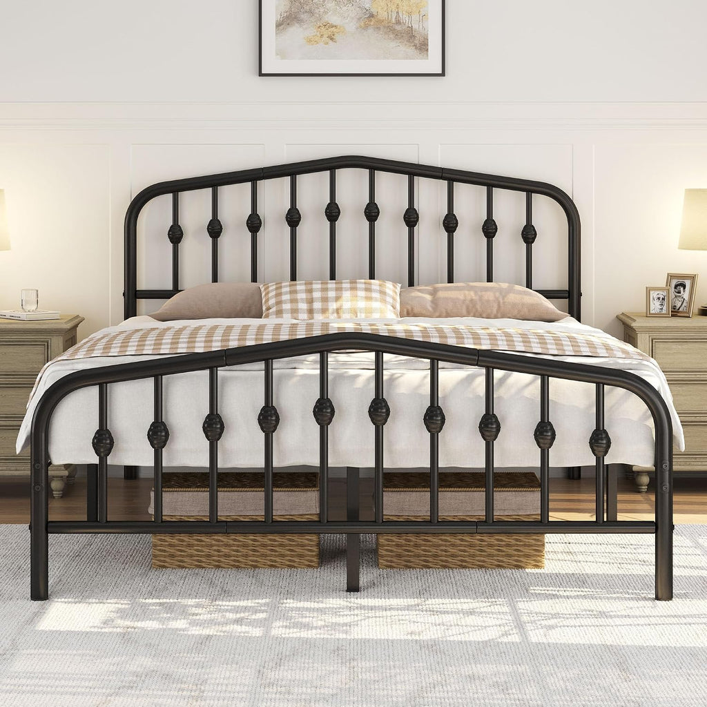 5Ft King Bed Frame Slatted Metal Bed with Crown-Inspired Design Headboard/Spacious Under-Bed Storage Black King Bed